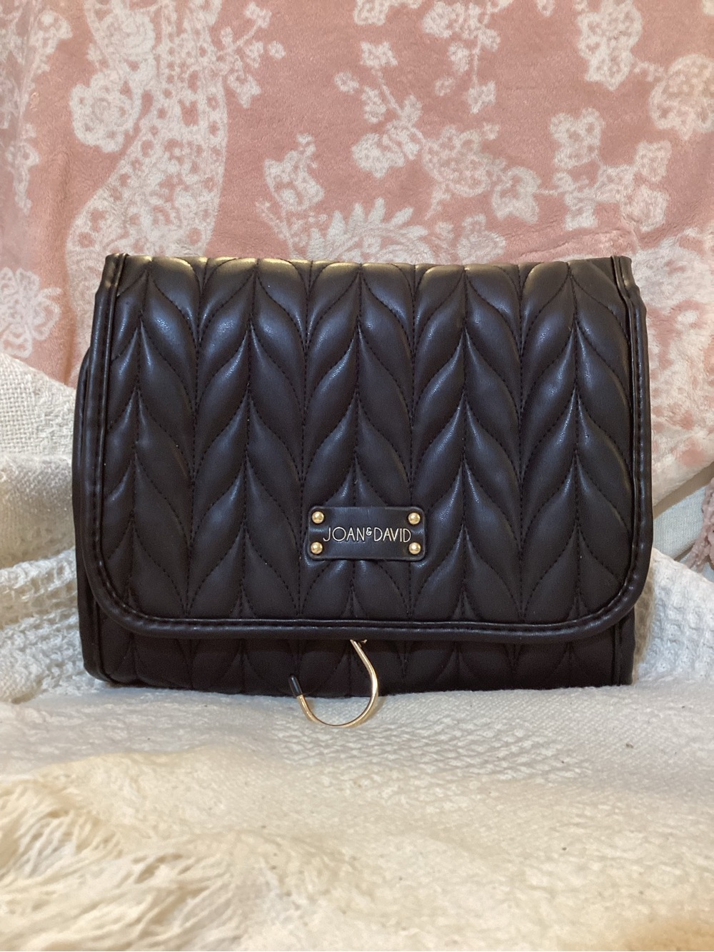 Joan & David Black Quilted Cosmetic Pouch with Gold Hardware